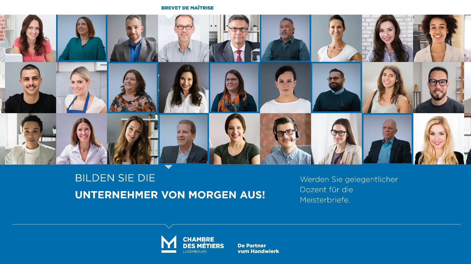 Machen Sie mit bei der Ausbildung der Unternehmer von morgen und werden Sie Kurleiter(in) für den Meisterbrief. Machen Sie mit bei der Ausbildung der Unternehmer von morgen und werden Sie Kurleiter(in) für den Meisterbrief.