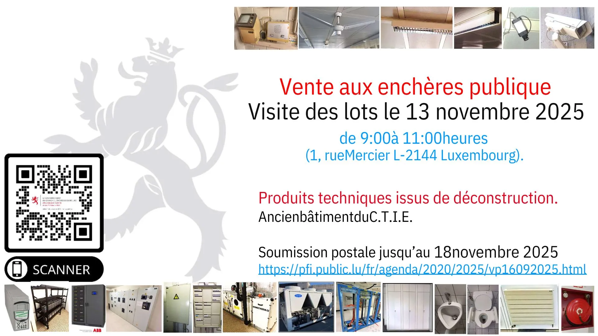 Nouvelle vente aux enchères publique – équipements techniques du bâtiment CTIE